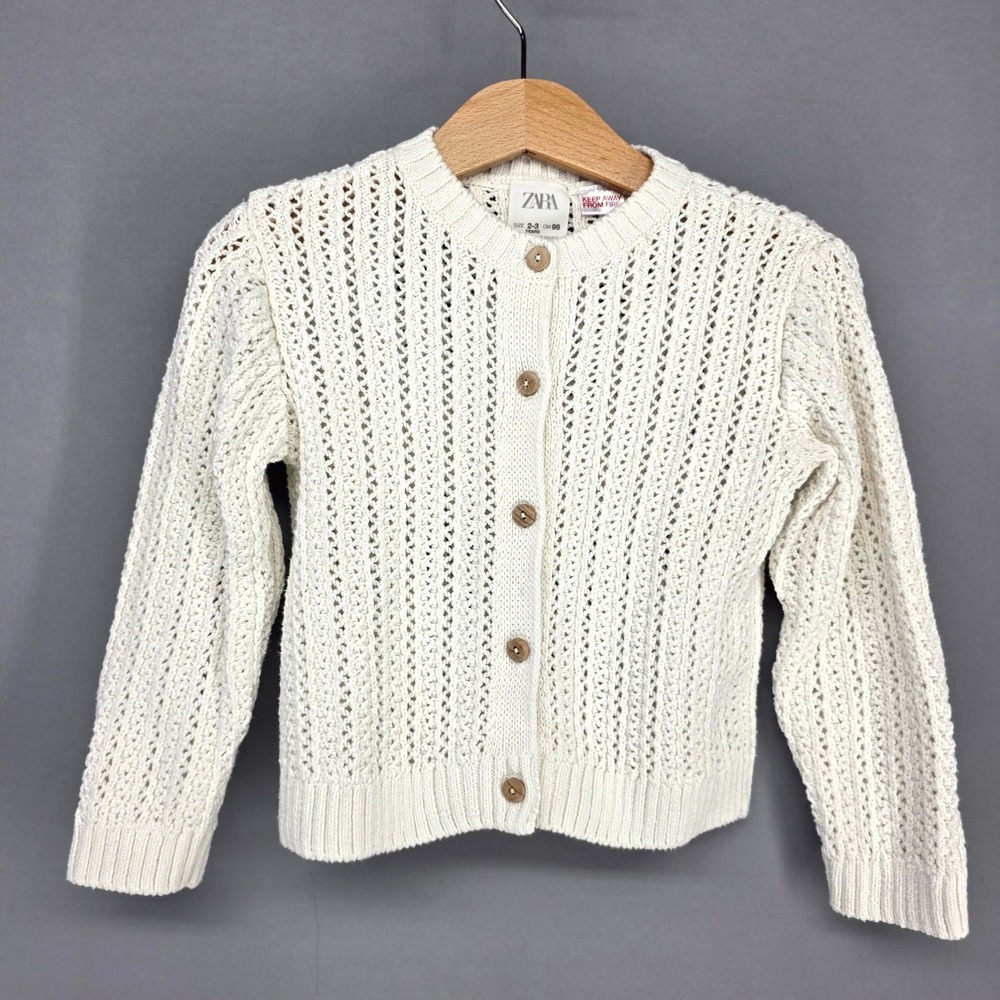 Zara Cardigan 2-3 Years Cream Open Knit Pointelle Button Front Sweater Kids